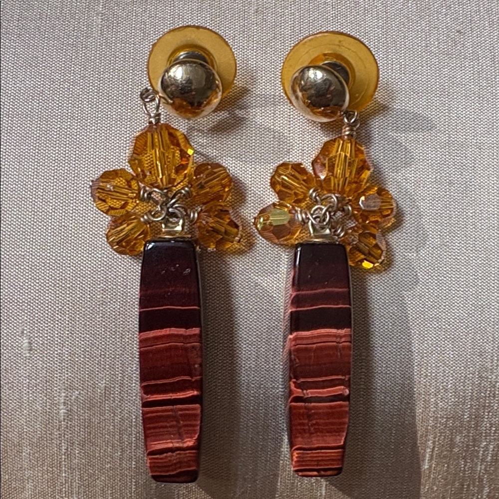 Vintage Handmade 14 K GF Gold and Brown Tiger Eye and Crystal Beaded Earrings - Picture 4 of 10